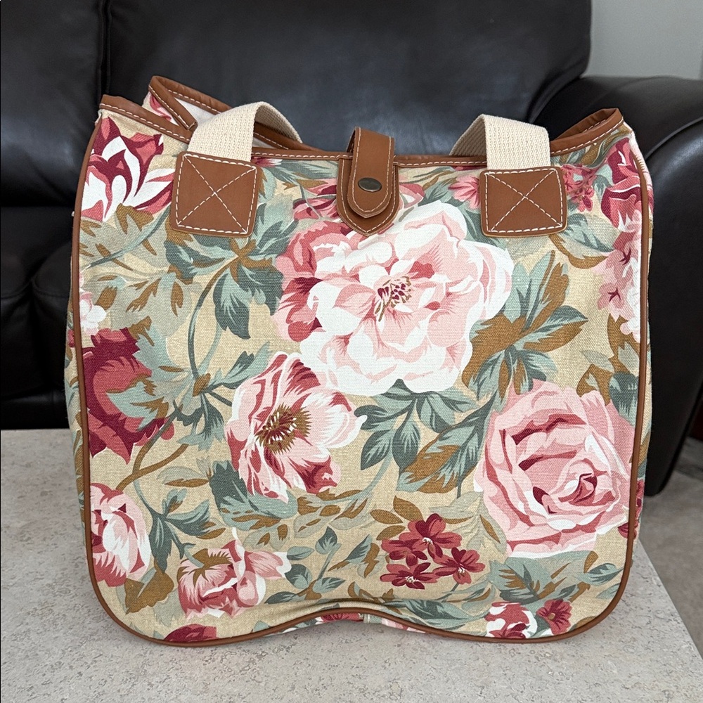 Floral Canvas Tote Bag in Pink and Green with Tan Trim